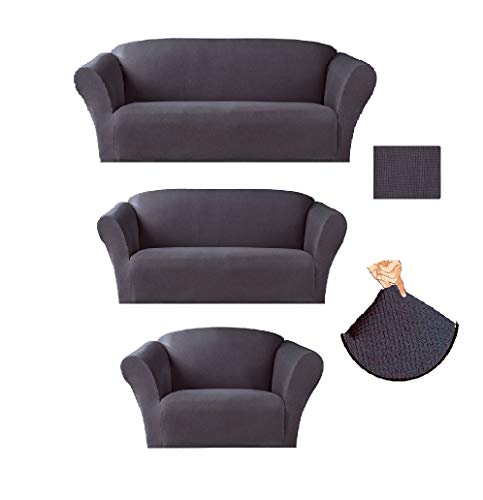 LinenTopia 3-Piece Couch Cover Set, Sofa, Loveseat, and Arm Chair Slipcovers, Form fit Stretch, Wrinkle Free, Furniture Protector, Sofa Covers for Living Room, Polyester Spandex (Dark Grey)