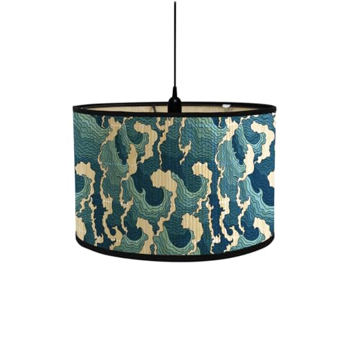 FANSU Vintage Bamboo Lamp Shades for Table Lamps, Round Drum Light Shade Woodsy Decor Pendant Lampshades,Pattern Chandelier Lamp Covers Ceiling Lampshade (30 * 20cm,Waves)