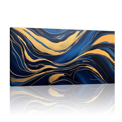 Tableau bleu et or surdimensionné 61 x 122 cm pour sublimer un canapé de salon contemporain