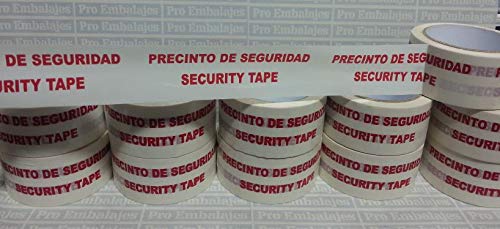 36 rollos de cinta adhesiva en polipro blanco, de 66 x 50 mm. ancho, impresa en rojo con texto: Precinto de seguridad/Security Tape