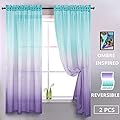 Lilac and Turquoise Curtains for Bedroom Girls Room Decor 2 Panels Reversible Ombre Pattern Window Semi Short Sheer Curtains for Mermaid Room Girly Nursery Kids Beach Green Purple 52 x 63 Inch Length
