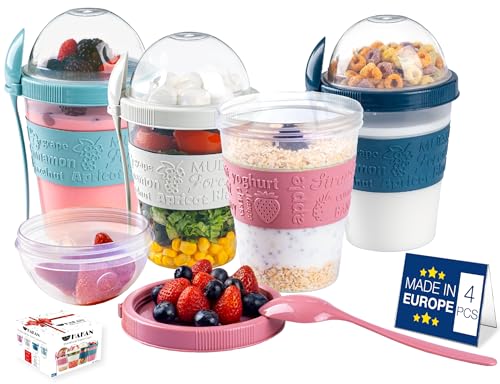 Hakan 4 Pack Overnight Oats Containers with Lids & Spoons - 20 oz Reusable Yogurt Parfait Cups with Topping Dome - BPA-Free Plastic Cereal & Fruit Cups To Go - Large Breakfast Jars for Work & School