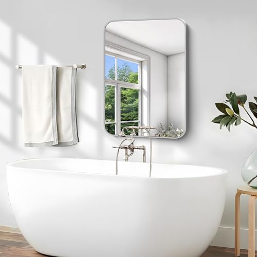 Image of Silver Bathroom Mirror, 18 x 24 Inch Rectangle Mirrors for Wall, Rounded Corner Metal Framed Wall Mounted Mirror for Over Sinks Living Room Bedroom Entryway Hangs Horizontal /Vertical