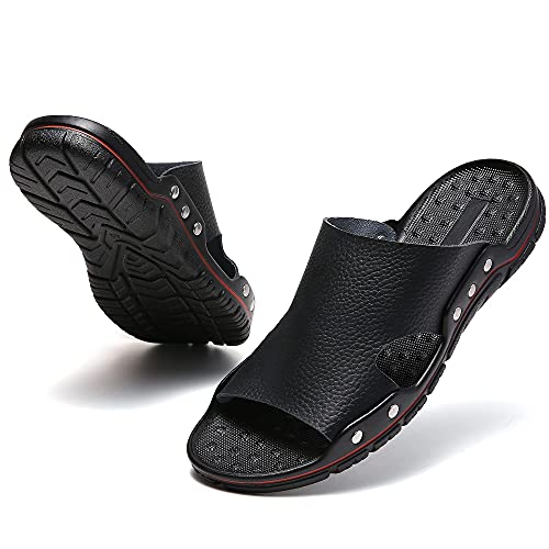 Jindeli Men's Summer Black Sandals Leather Slide Sandals Open Toe Beach Slippers Shoes Comfort Slip On Shoes Size 9.5 #TOP2