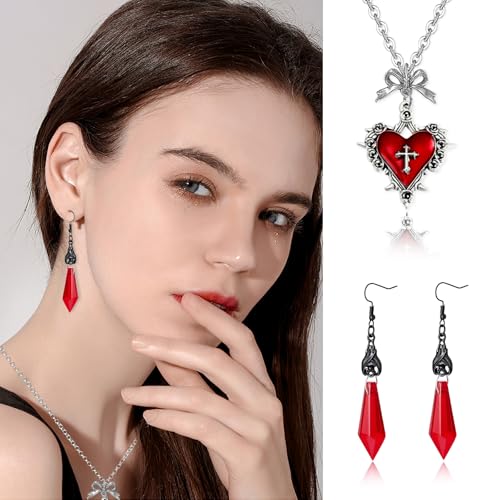 Gothic Bat Earrings and Vampire Necklace Set, Vampire Accessories Women, Halloween Jewelry with Choker, Black Dark Red Heart Pendant Costume Jewelry, Goth Witch Gift Collection.4