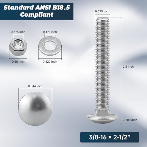 Image of 3 /8-16 x 2-1 /2 Inch Carriage Bolt Kit, 304 Stainless Steel (18-8) with Hex Nuts & Flat Washers - 6 Sets, Round Head Square Neck, Full Thread Coverage by Glvaner