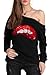 MAGICMK Woman’s Sweatershirt Lips Print Causal Blouse Off The Shoulder Long Sleeve Loose Slouchy Pullover Plus Size Tops…(XL)