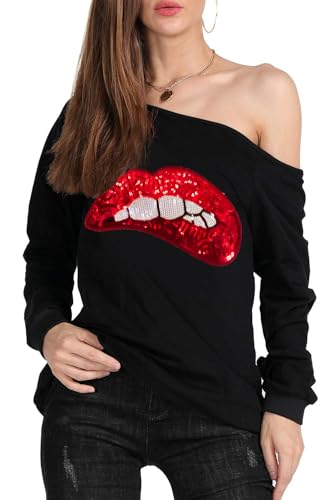 Image of MAGICMK Woman's Sweatershirt Lips Print Causal Blouse Off The Shoulder Long Sleeve Loose Slouchy Pullover Plus Size Tops