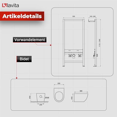 LAVITA Vorwandelement für Bidet LAV 500 + Wand-Bidet Sofi Komplettset Wand-Hänge Bidet mit Hahnloch und Überlaufschutz aus Keramik WC Toilette Hygienisch und Pflegeleicht 36,5x49x32,5 cm – Bild 6