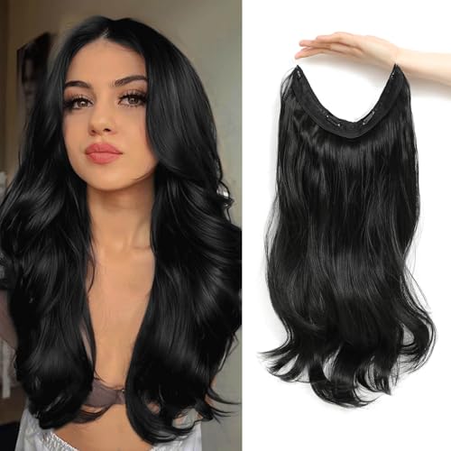 Flyroseing Dark Black Hair Extensions, Body Wavy Halos Hair Extension, 18 Inch Synthetic Fiber Hair Extensions Clip In 2 Secure Clips Secret Hairpiece with Transparent Wire Adjustable Size
