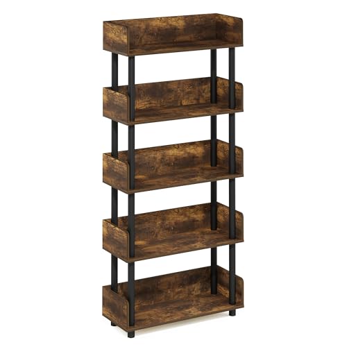 Image of Furinno TURN-N-TUBE 5-Tier Display Shelf, Storage Shelves, Book Shelf, Open Shelves with Rounded Corner Top Edges, for Organization and Storage, Living Room, Home Office, Amber Pine