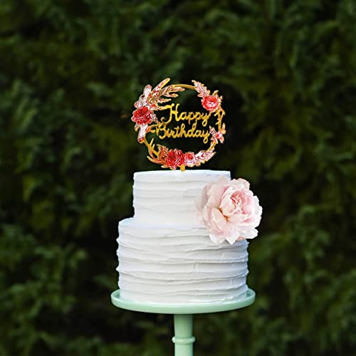 Apluselection Shiny Thickened Happy Birthday Cake Toppers, 4-Pack Gold Acrylic Topper, Double-Sided Glitter Painting Flower Decorations Flora Garland For Mom Girl Or Kid’s Party Supplies #TOP7