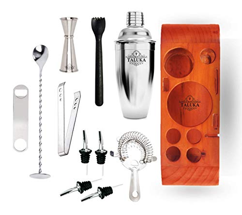 Image of Taluka Cocktail Shaker Set Bartender Kit Bar Set with Stand with All Essential Accessory Tools Cocktail Shaker Jigger /PegMeasure Strainer Muddler Long Mixer Spoon Ice Tong Opener Liquor Pourers
