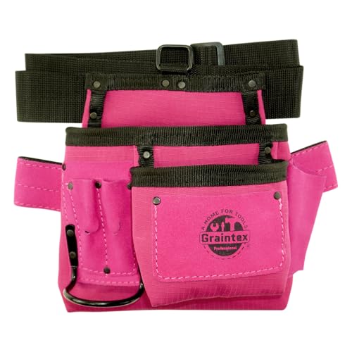 Graintex 5 Pocket Tool Belt/Bag Ripstop Canvas Double Layered Leather Trim Multipurpose Tool Pouch for Women & Men Ideal for Handyman Carpenters Electricians Gardening DIYers - Pink