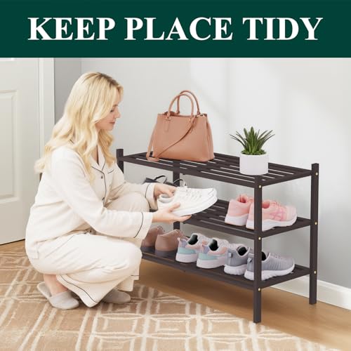 Image of Smiry Bamboo Shoe Rack, 5 Horizontal Slats, 3 Tier - 26.8 inch Wide, Brown