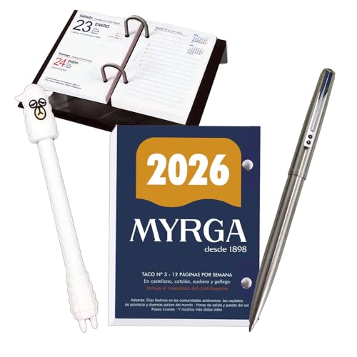 Lote de 1 Porta-calendarios (soporte) FAIBO y 1 bloc taco calendario MYRGA sobremesa escritorio año 2026 650 páginas - Fin de semana / 1 Página + 1 Bolígrafo Inoxcrom B77 Cromado + Bolígrafo de diseño