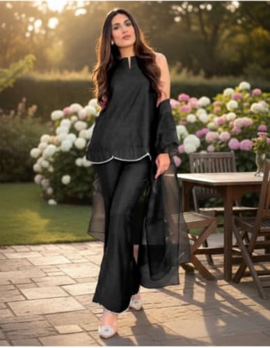 Image of Pearl Embroidered Solid Kurta Palazzo Set|Indo Western Party Outfit with Organza Net Dupatta|Sleeveless Kurti for Women