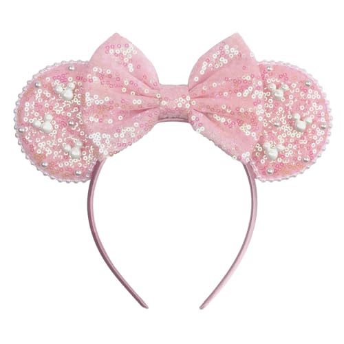 bianbaistar Pink Sequin Pearl Mouse Ear Headband - Sparkly Hair Accessory for Theme Parks Parties & Daily Wear