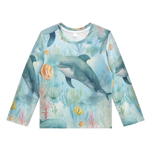 Boys Rash Guard Swim Shirt Long Sleeve UPF+ 50 Sun Shirts Quick Dry Shirt Orange Fish Blue Dolphin for Toddler Kids