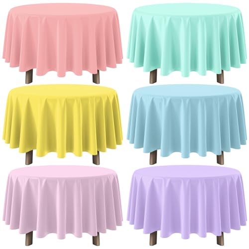 Yidako 24023 6Pcs Round Pastel Tablecloths, Rainbow Mix Color Plastic Tablecloth Disposable Round Table Covers cover