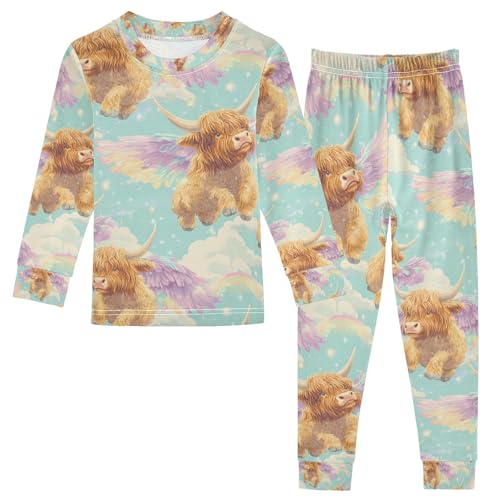 senya Highland Cattle with Wings Pajamas Set Long Sleeve Soft Cotton Sleepwear 2 Piece