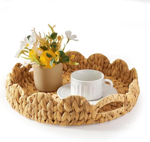 Scalloped Tray, 11.8" Round Basket Trays Wicker Rattan Serving Tr...