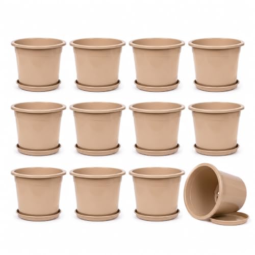 Image of 12 Inch Glossy Dune Beige Plastic Planter with Bottom Plate | Heavy Duty Flower Pot with Tray for Indoor Home Decor, Balcony, Living Room & Outdoor Garden (12 Pot, Dune Beige)
