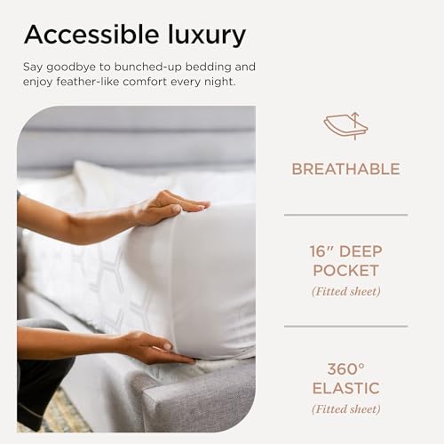 Image of Threadmill 100% Cotton Sheets for Full Size Bed - 600 Thread Count Full Bed Sheets Set with 16 inch Deep Pocket - Jacquard Sateen Weave 4-Piece Bedding Set with Cooling Effect, White