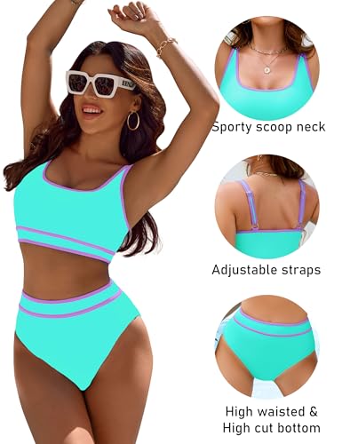 Image of BMJL Women's High Waisted Bikini Sets Sporty Two Piece Swimsuits Color Block Tummy Control Modest Bathing Suit
