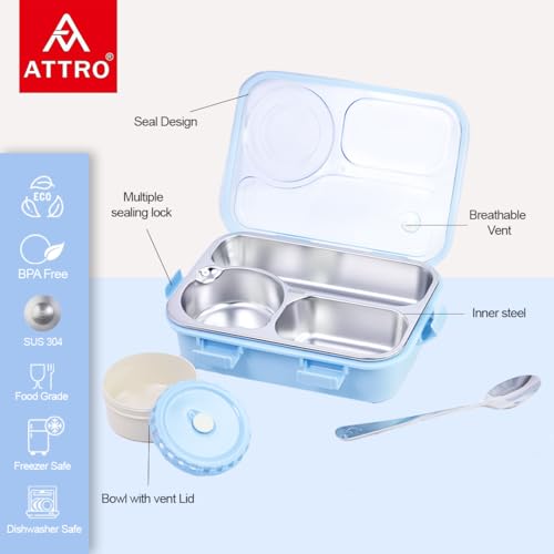 Image of ATTRO Lunch Pro Deluxe 3 Lunch Box with Detachable Inner Steel Compartments, Spoon, one Small Container, Heating Water Insulation Design, Foodgrade, Leakproof-750ml Blue