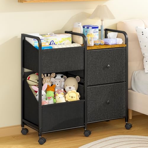 Image of Baby Diaper Caddy Organizer Cart with Wheels, Rolling Cart with Dividers and Drawers, Mobile Utility Cart Bedside for Nursery, Bedroom, Baby Newborn Essentials Storage Cart, Black