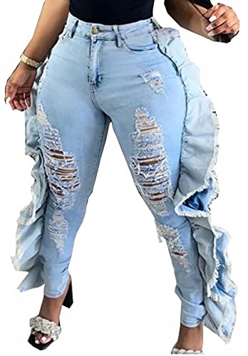 LROSEY Plus Side Ruffle Hem Ripped Jeans for Curvy Women Skinny Fit Denim Pants XL 2XL 3XL