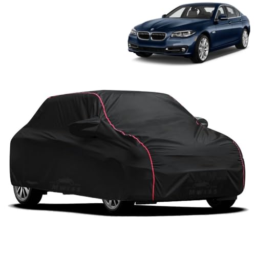 Image of Waterproof Car Cover for BMW 520D | All-Weather Protection, Dustproof & UV Resistant | Triple Stitched Mirror Pockets, Windproof Buckle Strap with Elastic Hem, Black-Red Piping