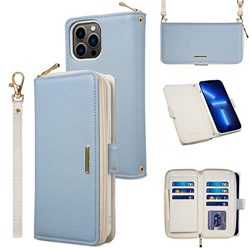 Rssviss Hülle für iPhone 13 Pro Max, Handyhülle iPhone 13 Pro Max [Reißverschluss-Tasche] Klapphülle mit 7 Kartenfächern 2 Währungsschlitz 2 Trageband Schutzhülle iPhone 13 Pro Max Hellblau 6,7 Zoll Cover