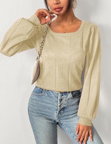 Image of HOTOUCH Sweaters for Women 2026 Fall Trendy Tops Casual Puff Sleeve Square Neck Cute Tunic Pullover Blouses XS-XXL