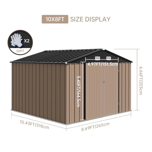 10x8 FT Metal Outdoor Storage Shed, Zstar Steel Utility Tool Shed Storage House with Lockable Door Design, Metal Sheds Outdoor Storage for Garden, Patio, Backyard, Outside Use, Brown