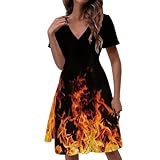 Frymappies Fire Flame Women's Summer Short Sleeve T Shirt Dress Novelty Casual T-Shirt Vacation Dresses Slim Fit V Neck Beach Sundress