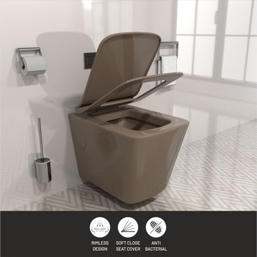 Image of B Backline Rimless Wall Hung Western Toilet Commode | Wall Mounted Water Closet with Soft Close Seat Cover | P Trap Outlet from Wall | Commode for Bathroom (Brown Glossy, 52 x 35 x 36 cm)