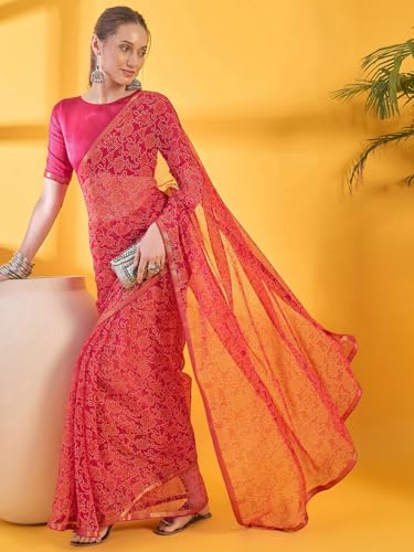 Image of SIRIL Women's Printed Chiffon Saree with Unstitched Blouse Piece