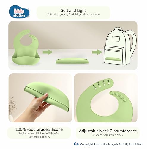 Image of Kids Station 8-Piece Silicone Baby Feeding Set | Suction Bowl, Plate, Bib, Cup, Spoon & Fork | 100% Food Grade BPA-Free Silicone | Non-Slip, Easy to Clean (Pack of 8, Green)