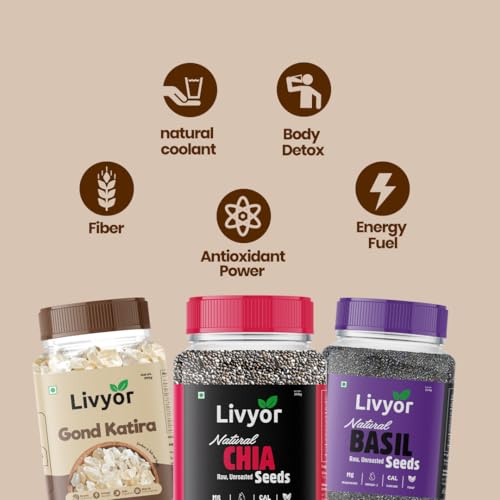 Image of Livyor Gond Katira, Chia Seeds, Basil Seeds Combo Pack 200g x 3 (Gond Katira + Chia Seeds + Basil Seeds)