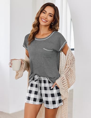 Image of Ekouaer Womens Pajama Sets 2 Piece Soft Short Sleeve Top and Shorts Sleepwear Round Neck Pjs Lounge Set with Pockets