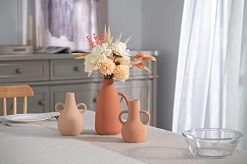TERESA'S COLLECTIONS Ceramic Vase for Flowers, Set of 3 Decorative Flower Vases with Handle, Terracotta Beige Boho Pottery Vase for Living Room, Mantel, Shelf, Kitchen, 22.2/15.3cm Tall