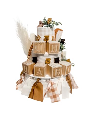 Oh Baby! Diaper Cake - Teddy Bear Diaper Cake w/Wooden Blocks - Baby Shower Gift, Gender Neutral, Boy, Girl Diaper Cake, Baby Shower Centerpiece - Tumbleweed Babies (Without Teddy Plush)