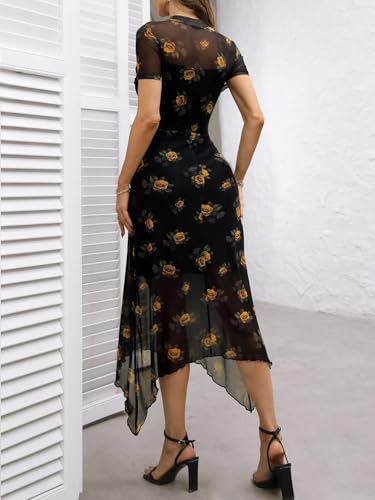 Image of GothDark Women's Wedding Guest Floral Print Vintage Goth Dress Mesh Spliced Double-Layered Irregular Hemline Midi Dresses
