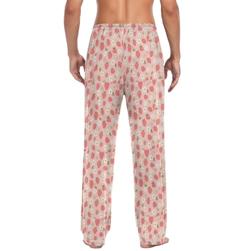 Men’s Pink Strawberry Pattern Pajama Pants with Pockets, Comfortable Lounge Sleep Bottoms#2112