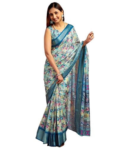 Image of SIRIL Women's Dola Silk Printed Jacquard Border Ready To Wear Saree with Unstitched Blouse Piece