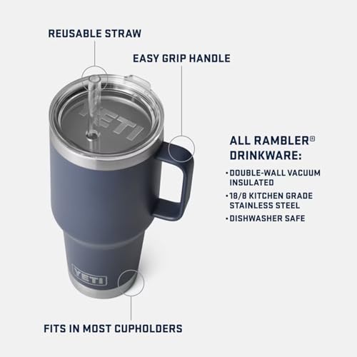 Image of YETI Rambler 35 oz Tumbler with Handle and Straw Lid, Travel Mug Water Tumbler, Vacuum Insulated Cup with Handle, Stainless Steel, Cherry Blossom - Textured