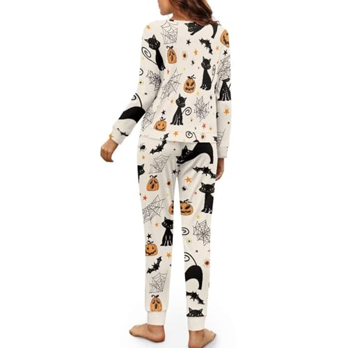 HUIFUAO Halloween Pj Sets for Women Scary Pumpkin Ghost Print Sleepwear Funny Halloween Costumes Outfits 2 Piece Pjs Long Sleeve Tops and Trousers Nightwear Loungewear (Z01-White, XXL) - Image 3