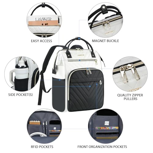 Image of VANKEAN Laptop Backpack for Women Fashion Computer Work Bag, Large Capacity Waterproof Backpack, College Daypack Business Travel, Beige /Black, 15.6 Inch